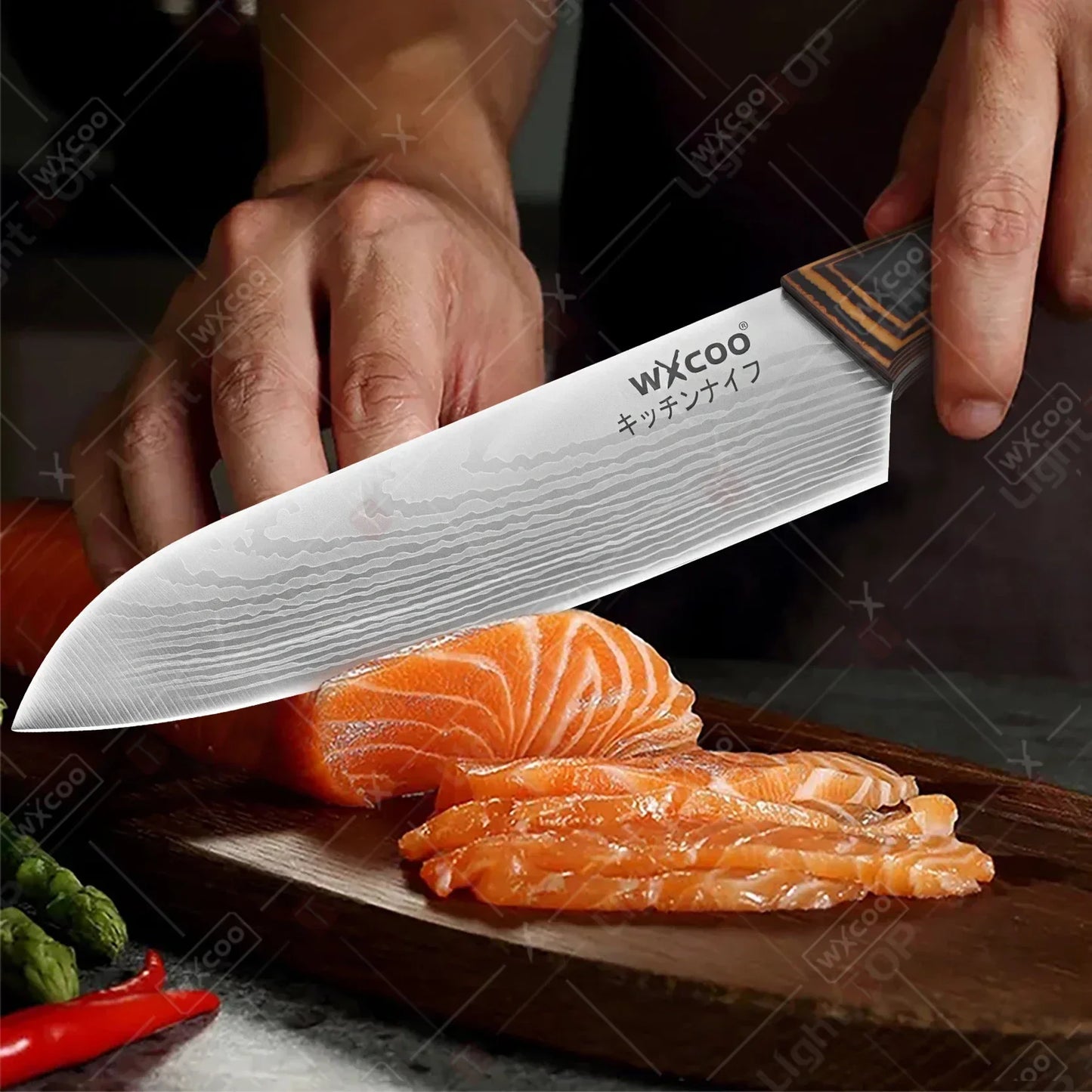 WXCOO Stainless Steel Japanese Knife 7Inch Kitchen Knife Ergonomic Wood Handle Santoku Knives for Cooking Kitchen Accessories