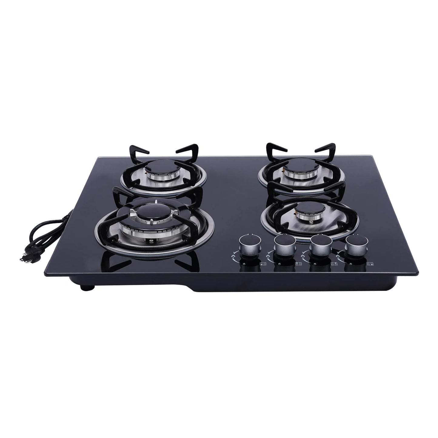 4 Burners LPG Gas Cooktop Black Tempered Glass Panel Cast Iron Stainless Steel Construction Polishing Process Built In Installation US Standard Plug 110V 2800Pa Working Pressure Four Multi Power Burners Household Commercial G