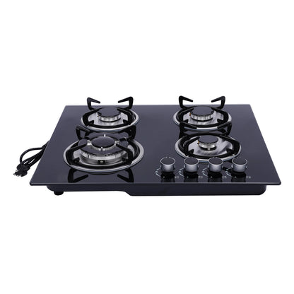 4 Burners LPG Gas Cooktop Black Tempered Glass Panel Cast Iron Stainless Steel Construction Polishing Process Built In Installation US Standard Plug 110V 2800Pa Working Pressure Four Multi Power Burners Household Commercial G