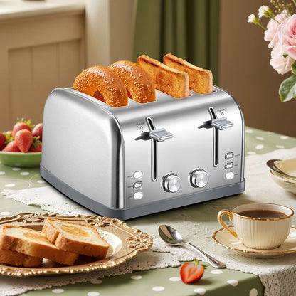 4 Slice Stainless Steel Toaster, Extra Wide Deep Slots for Thick Bread & Bagel, High Lift Lever Design, 7 Browning Shades with Warm Rack, Removable Crumb Tray, Silver Multipurpose Muffin Breakfast Toaster
