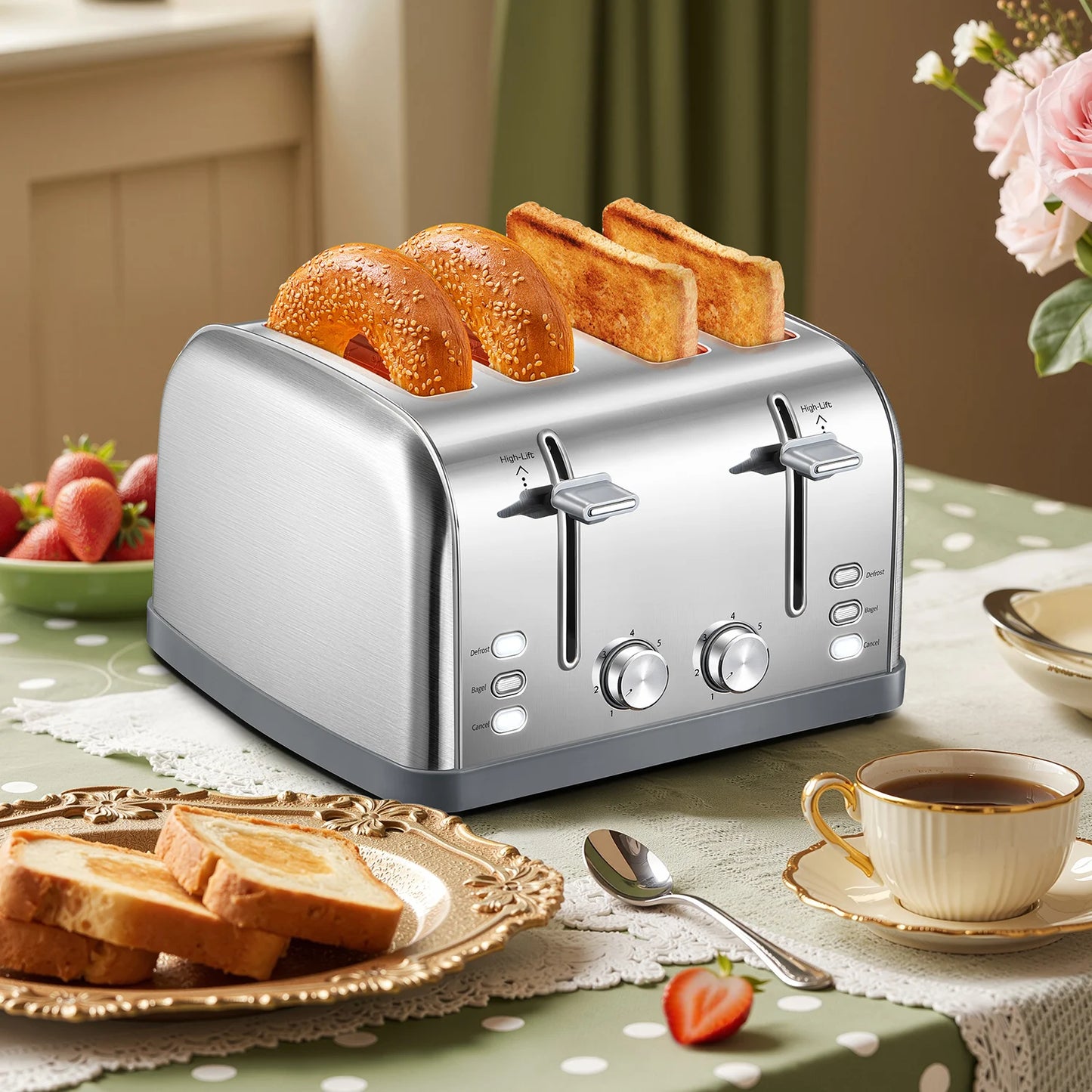 4 Slice Stainless Steel Toaster, Extra Wide Deep Slots for Thick Bread & Bagel, High Lift Lever Design, 7 Browning Shades with Warm Rack, Removable Crumb Tray, Silver Multipurpose Muffin Breakfast Toaster