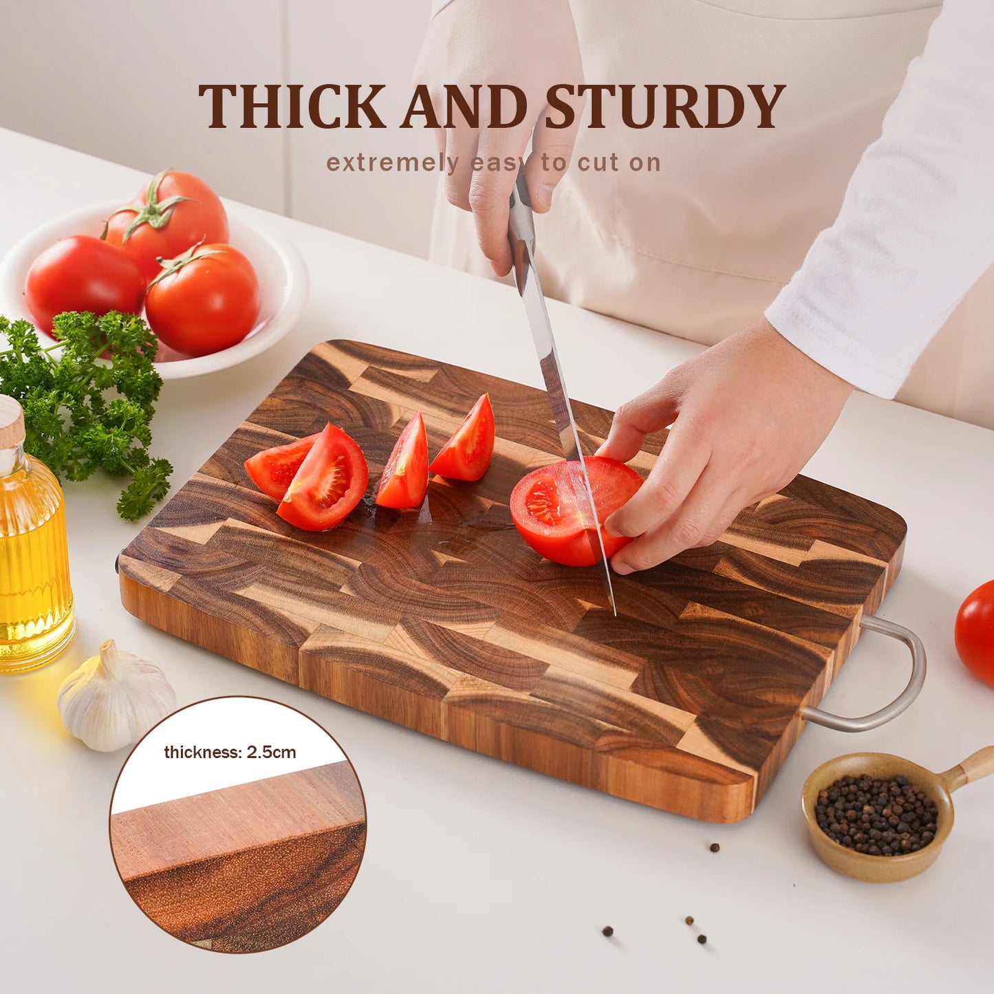 End Grain Butcher Block Premium Acacia Wood Cutting Board Chopping Board for Kitchen with Handle