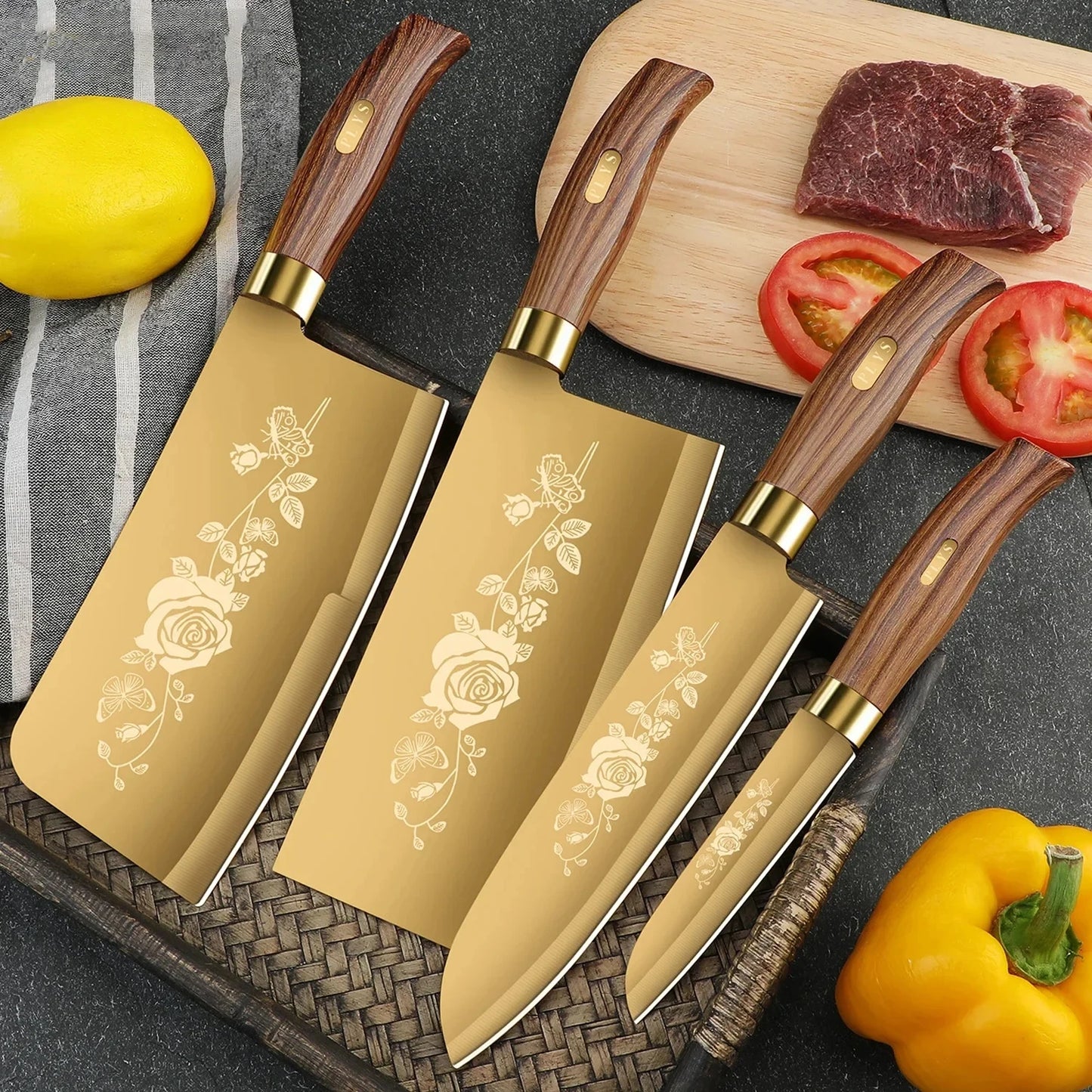 Gold Rose Pattern 4-Piece Kitchen Knife Set, Luxury Stainless Steel Chef Knives for Cooking, Sharp Professional Kitchen Tools