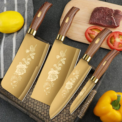 Gold Rose Pattern 4-Piece Kitchen Knife Set, Luxury Stainless Steel Chef Knives for Cooking, Sharp Professional Kitchen Tools
