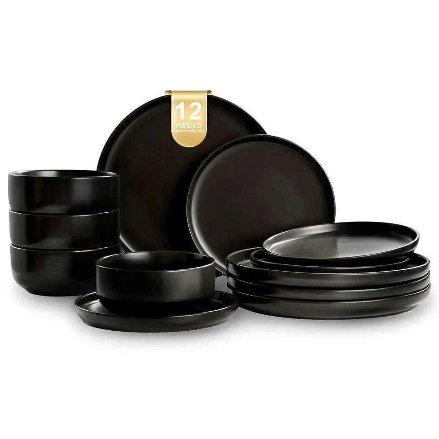 Plates and Bowls Sets, 12 Pieces Ceramic Dinnerware Set for 4, Stoneware Dishware Dishes Set, Scratch Resistant Dishes Set, Dish