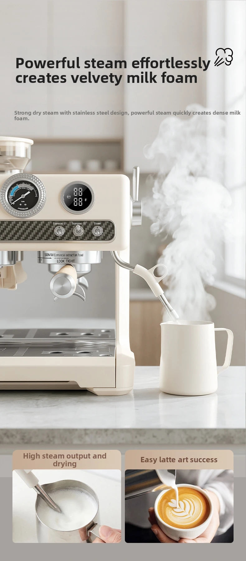 Semi-Automatic Espresso Coffee Machine, Dual Pump Cold & Hot Brew, Built-in Grinder, High Pressure 20 Bar, Compact Home Espresso