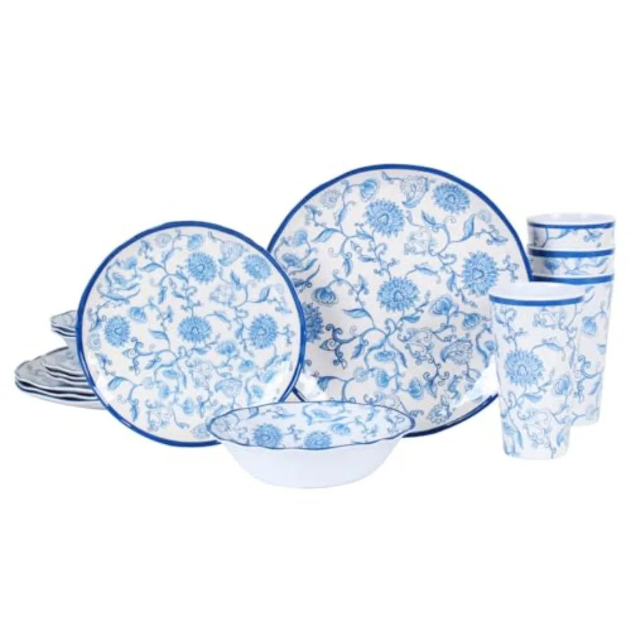 Melamine Dinnerware Set for 4-16 Pcs:Camping Dishes Set with Dinner PlatesSalad Plates Bowls and Cups.Lightweight and Unbreakab