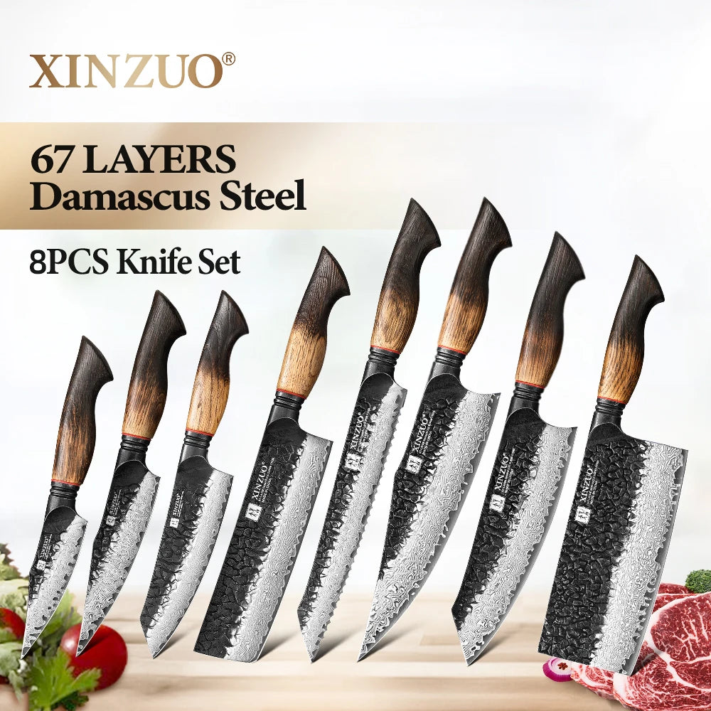 XINZUO Eight-piece Kitchen Knife Set 67 Layers Damascus Super Steel Hardness 60±2HRC Ideal For Home Kitchen Vegetable Prep