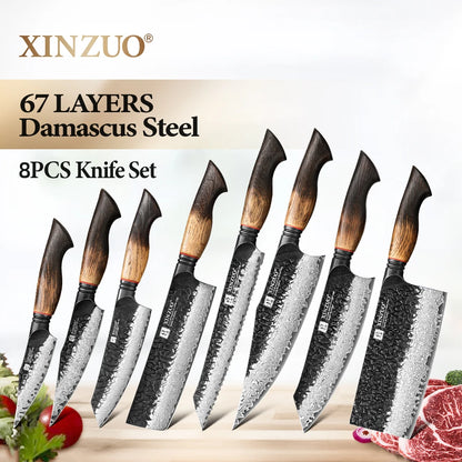 XINZUO Eight-piece Kitchen Knife Set 67 Layers Damascus Super Steel Hardness 60±2HRC Ideal For Home Kitchen Vegetable Prep