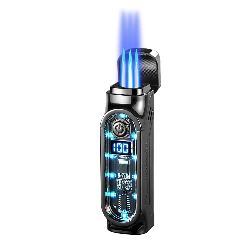 Smart 3 Flame Gas Cigar Lighter, Digital Display, with Cigar Drill, LED Light, Portable Multi-functional Ignition Lighter