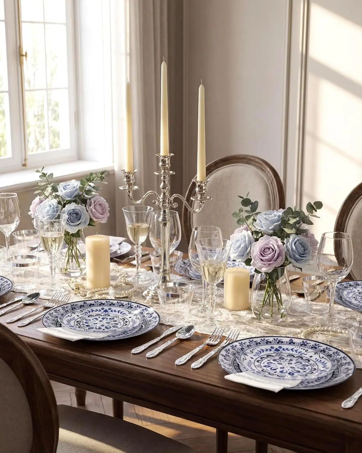 175PCS Blue Plastic Plates - Floral Disposable Dinnerware Set for 25 Guests, Include 50 Dinner & Dessert Plates, 75 Silver Cu