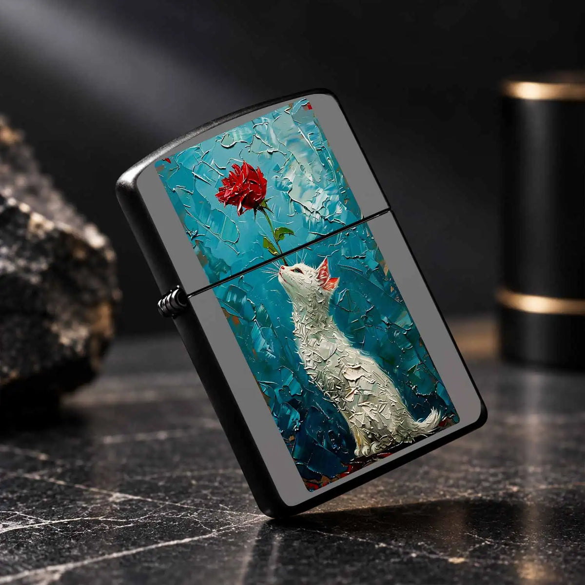 Creative Impasto Style White Cat With Red Rose Pattern Lighter, Exquisite Artistic Portable Daily Companion, Trendy Aesthetic Versatile Item For Home Display, Travel Carry, Gifting To Friends And Family For All Occasion A Hum