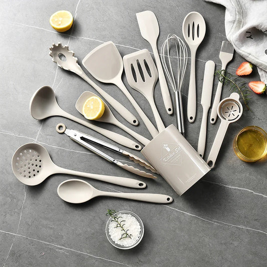 15Pcs Khaki Food Grade Silicone Kitchen Cookware Utensils Turner Spatula Soup Spoon Practical Cooking Tool Kitchenware Set