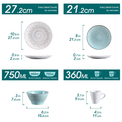 vancasso 16/32 Ceremic Plates Dinner Set Stoneware Tableware Set with 4PCS Dinner Plate/Dessert Plate/Bowl/Mug for 4 Person