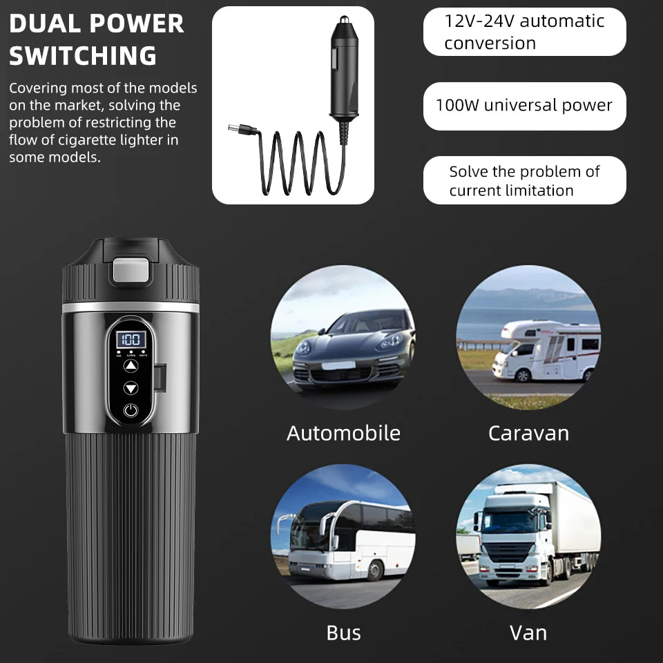 Yanace Smart Car Kettle 12V/24V Portable Electric Heating Cup with Digital Display Camping Office 500ml Capacity Black Design