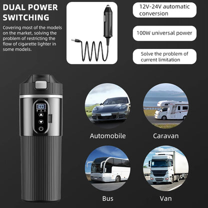 Yanace Smart Car Kettle 12V/24V Portable Electric Heating Cup with Digital Display Camping Office 500ml Capacity Black Design