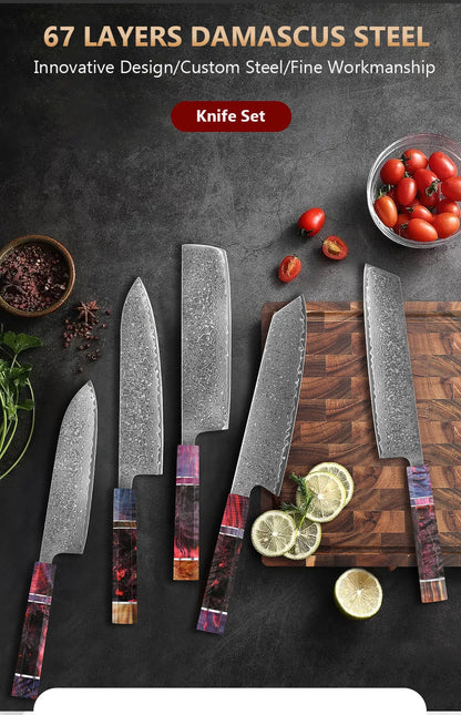 1-5 PCS Kitchen Knife set Damascus Steel Japanese chef Knife Santoku Knife Nakiri Knife kiritsuke knife Stable wood Handle