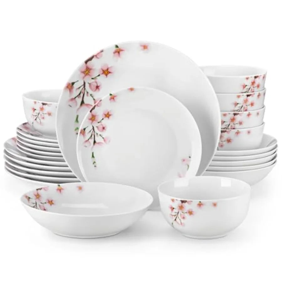 Dinnerware Set for 6 24 Pieces Porcelain Plates and Bowls with Pink Floral Design Microwave and Dishwasher Safe Classic Dining