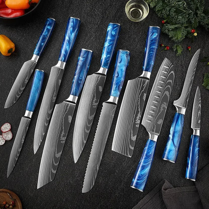 Damascus Pattern Knives Set Stainless Steel Chef Knife Japanese Santoku Knife Boning Knife Meat Cleaver Household Bread Knives