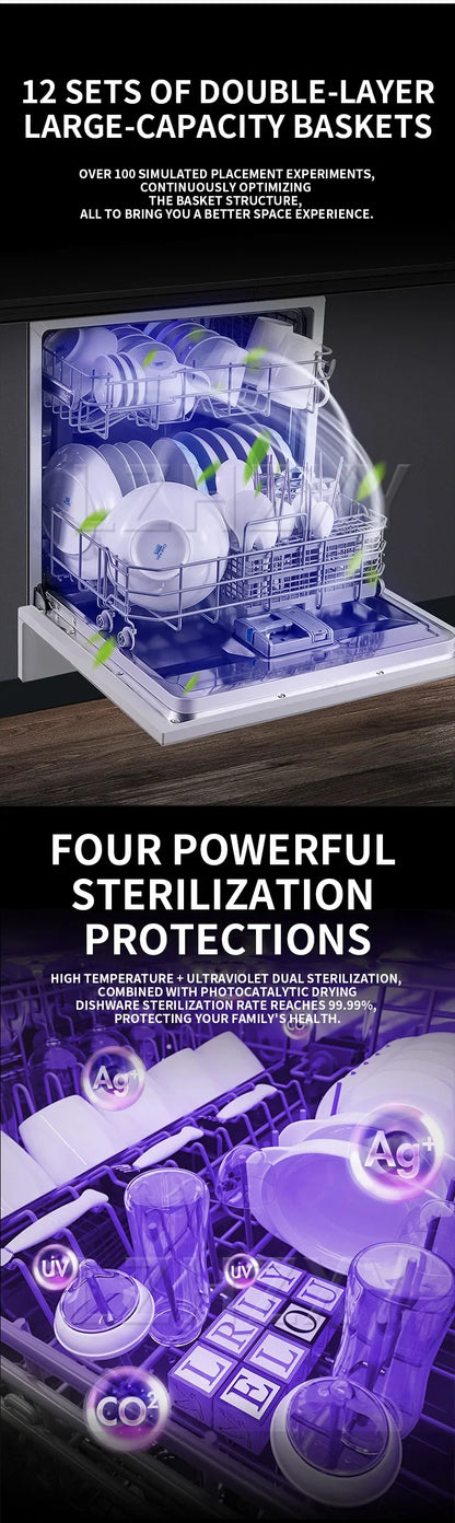 Fully automatic built-in household sterilizing dishwasher, 12 place setting capacity, energy-efficient, sterilizing and washing