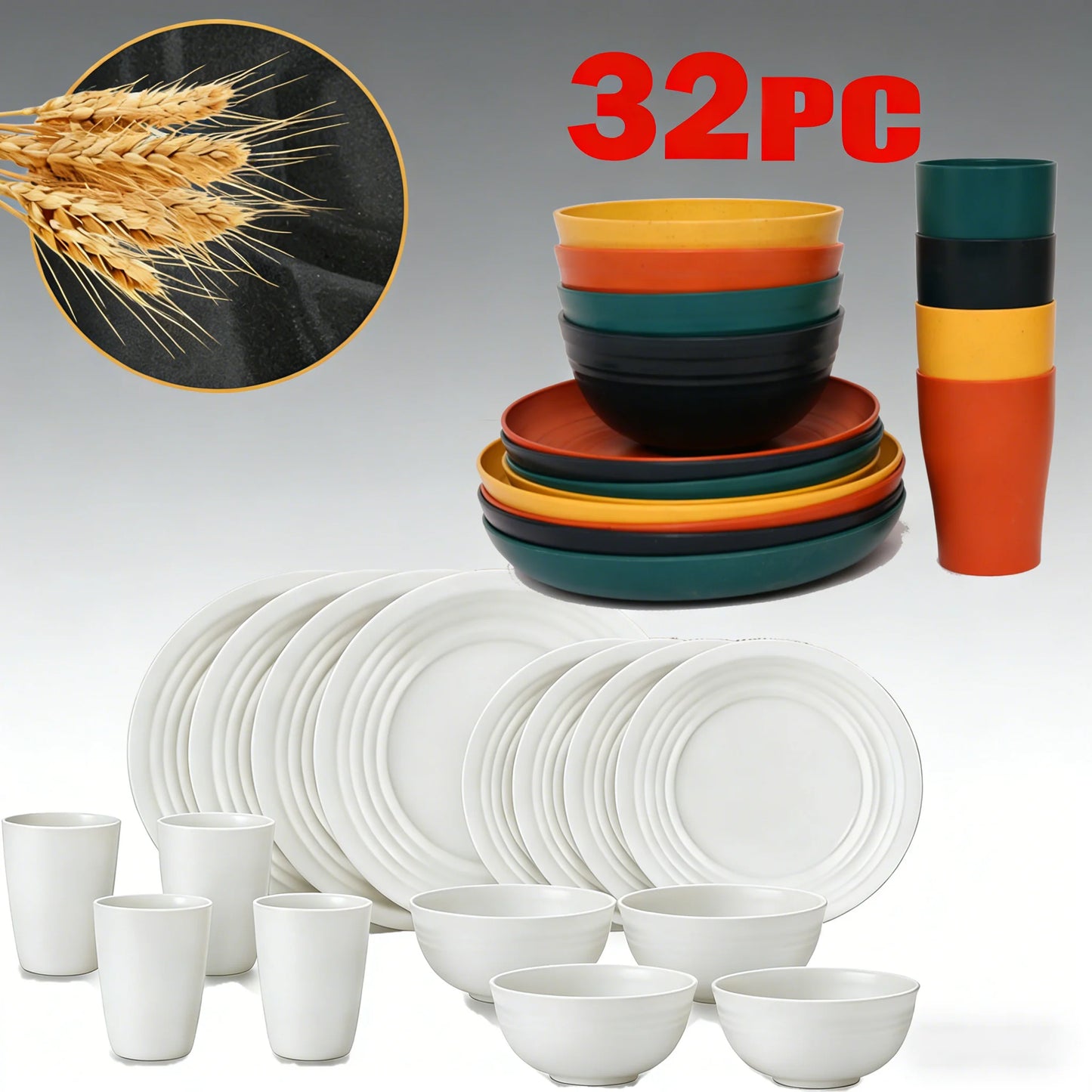 32-Piece Wheat Straw Dinnerware Set | Service for 8 | BPA-Free, Unbreakable, Microwave & Dishwasher Safe | Colorful Plates, Bowl