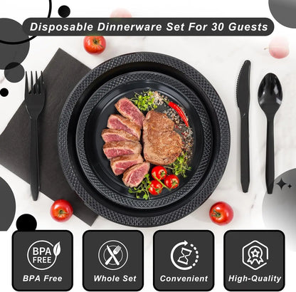 210 PCS Black Plastic Plates for 30 Guests - Disposable Dinnerware Set Including Dinner Plates, Dessert Plates, 12oz Cups, Cu