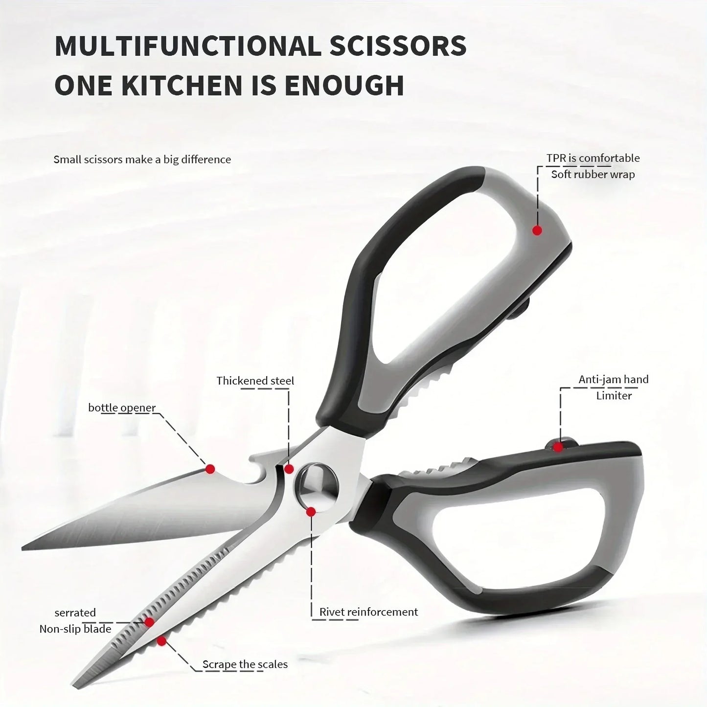 Professional Japanese stainless steel kitchen scissors: ultra-sharp for effortlessly cutting bones, meat and vegetables.