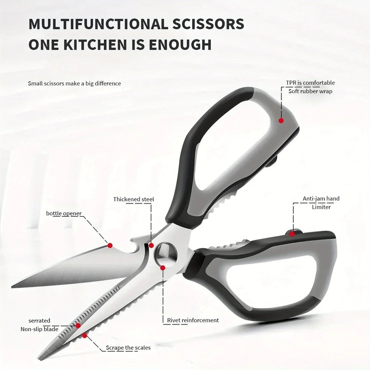 Professional Japanese stainless steel kitchen scissors: ultra-sharp for effortlessly cutting bones, meat and vegetables.