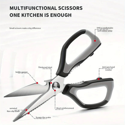 Professional Japanese stainless steel kitchen scissors: ultra-sharp for effortlessly cutting bones, meat and vegetables.