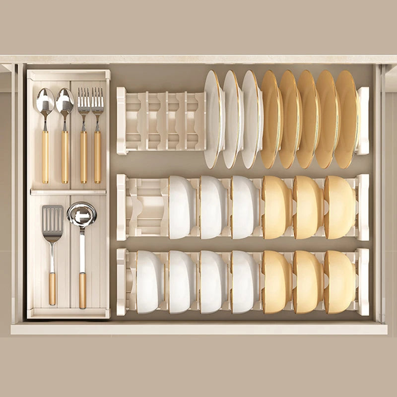 HeMu Adjustable Dish Rack, Expandable Plate Organizer for Kitchen Cabinet, Suitable for 6-9 Inch Bowls/Plates Kitchen Organizer