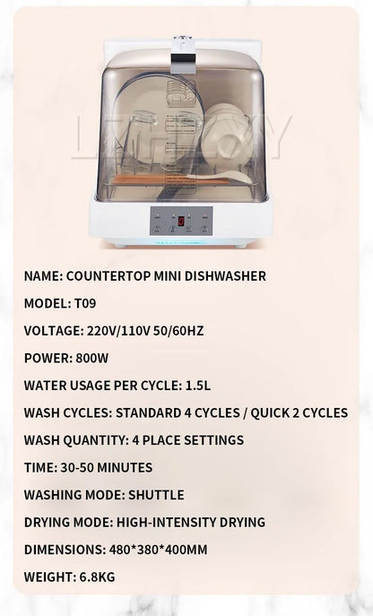 Transparent Household Countertop Mini Dishwasher, Portable Smart Automatic High-Temperature Dishwasher