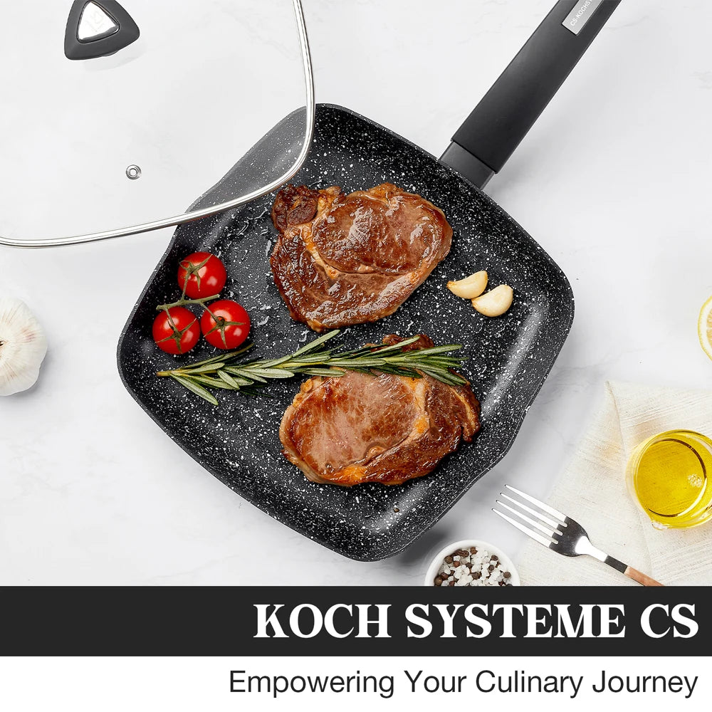 KOCH SYSTEME CS 10 Inch Nonstick Grill Pan for Stove Tops, Nonstick Skillet with Bakelite Handle, Square Grill Skillet with Lid
