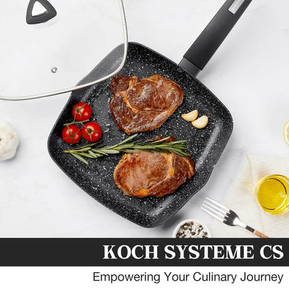 KOCH SYSTEME CS 10 Inch Nonstick Grill Pan for Stove Tops, Nonstick Skillet with Bakelite Handle, Square Grill Skillet with Lid
