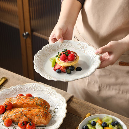 MALACASA 16/32 Piece Plates Dinner Sets Relief White Stoneware Dinnerware Set with 4 PCS Dinner Plate/Dessert/Cereal Bowl/Soup