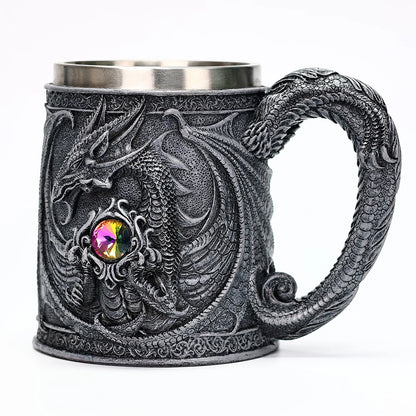 Valhalla Viking Stainless Steel Nordic Viking Barrel Dragon Boat Warrior Horn Skull Beer Mug Tankard Stein Cup 400 ML