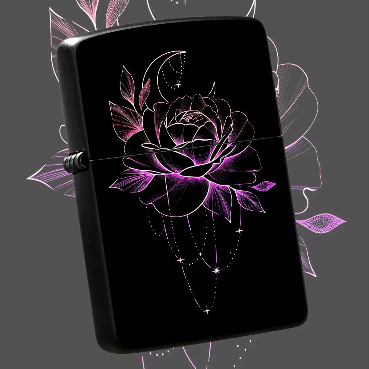 Neon Glow Crescent Moon Rose Lighter, Aesthetic Magenta Line Art Celestial Floral Pattern, Delicate Hangingcharm Decor, Stylish Portable Accessory For Daily Use, Gifting, Outdoor Camping And All Occasions, Smooth Touch A Humo