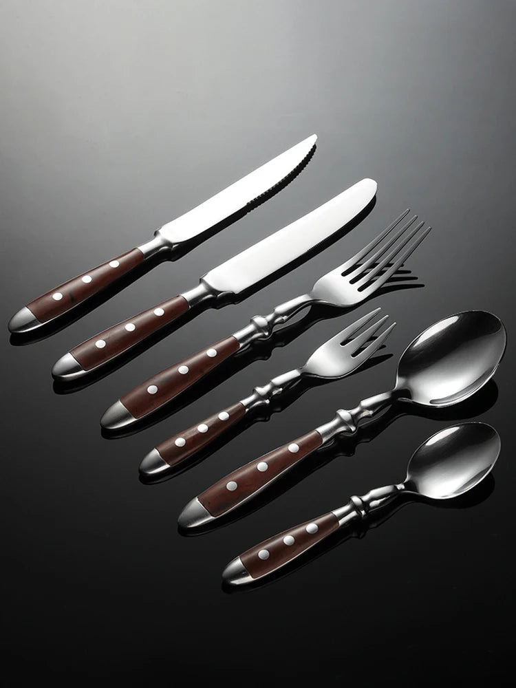 6-piece stainless steel tableware set, including knife fork and spoon set, kitchen knife and dining utensils such as steak knife
