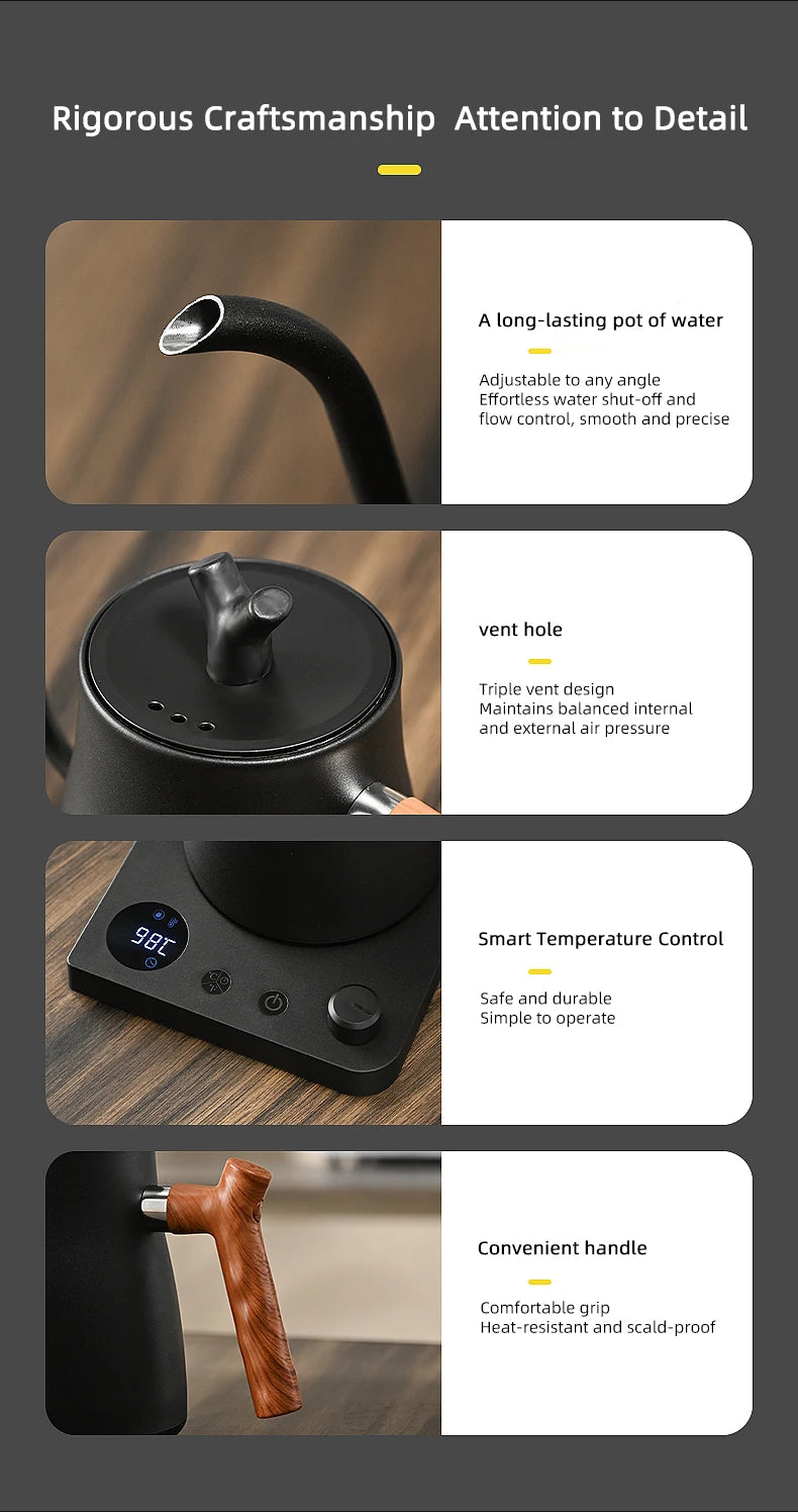 1L 1000W Gooseneck Electric Kettle Smart Teapot with Temperature Control for Precision Hand Brew Coffee Pouring Pot