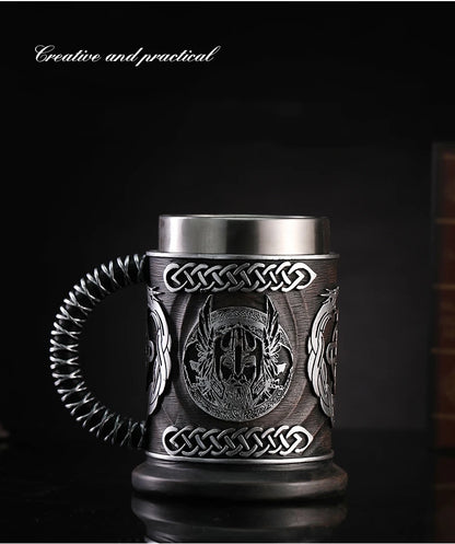 Viking Wood Style Beer Mug 3D Resin Stainless Steel Coffee Cup Wine Glass Metal Double Wall Mug Beer Jug Cup Thermal