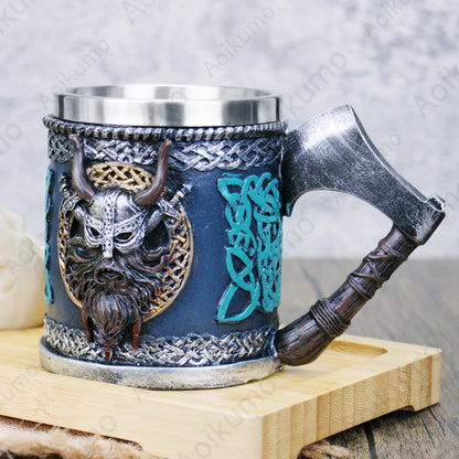 Valhalla Viking Stainless Steel Single Handle Horn Skull Beer Stein Cup Nordic Viking Warrior Skull Mug Tankard 400ml Halloween