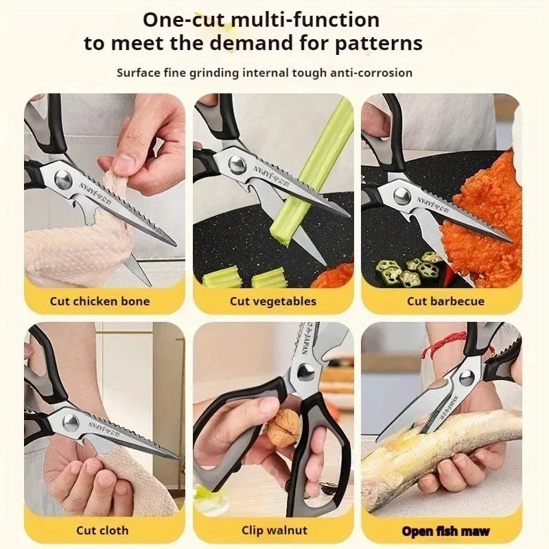 Professional Japanese stainless steel kitchen scissors: ultra-sharp for effortlessly cutting bones, meat and vegetables.