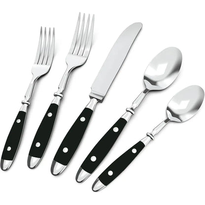 Vintage 20-Piece Stainless Steel Silverware Set with Black Bakelite Handles, Dishwasher Safe for 4-Person Service