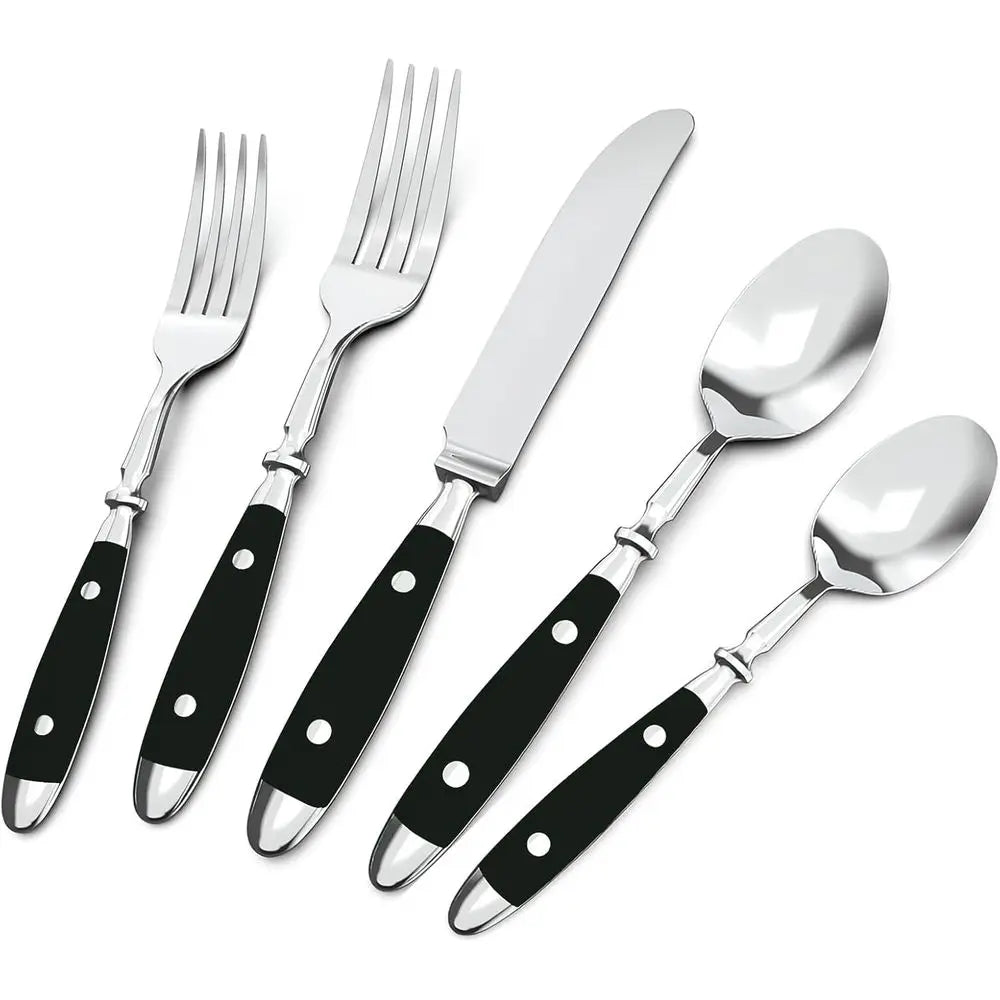 Vintage 20-Piece Stainless Steel Silverware Set with Black Bakelite Handles, Dishwasher Safe for 4-Person Service