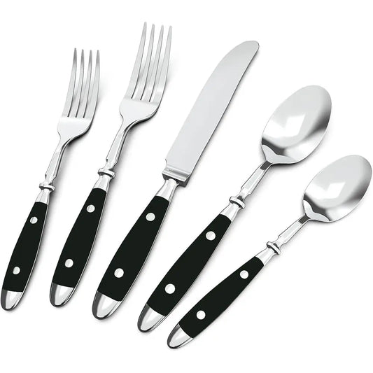 Vintage 20-Piece Stainless Steel Silverware Set with Black Bakelite Handles, Dishwasher Safe for 4-Person Service