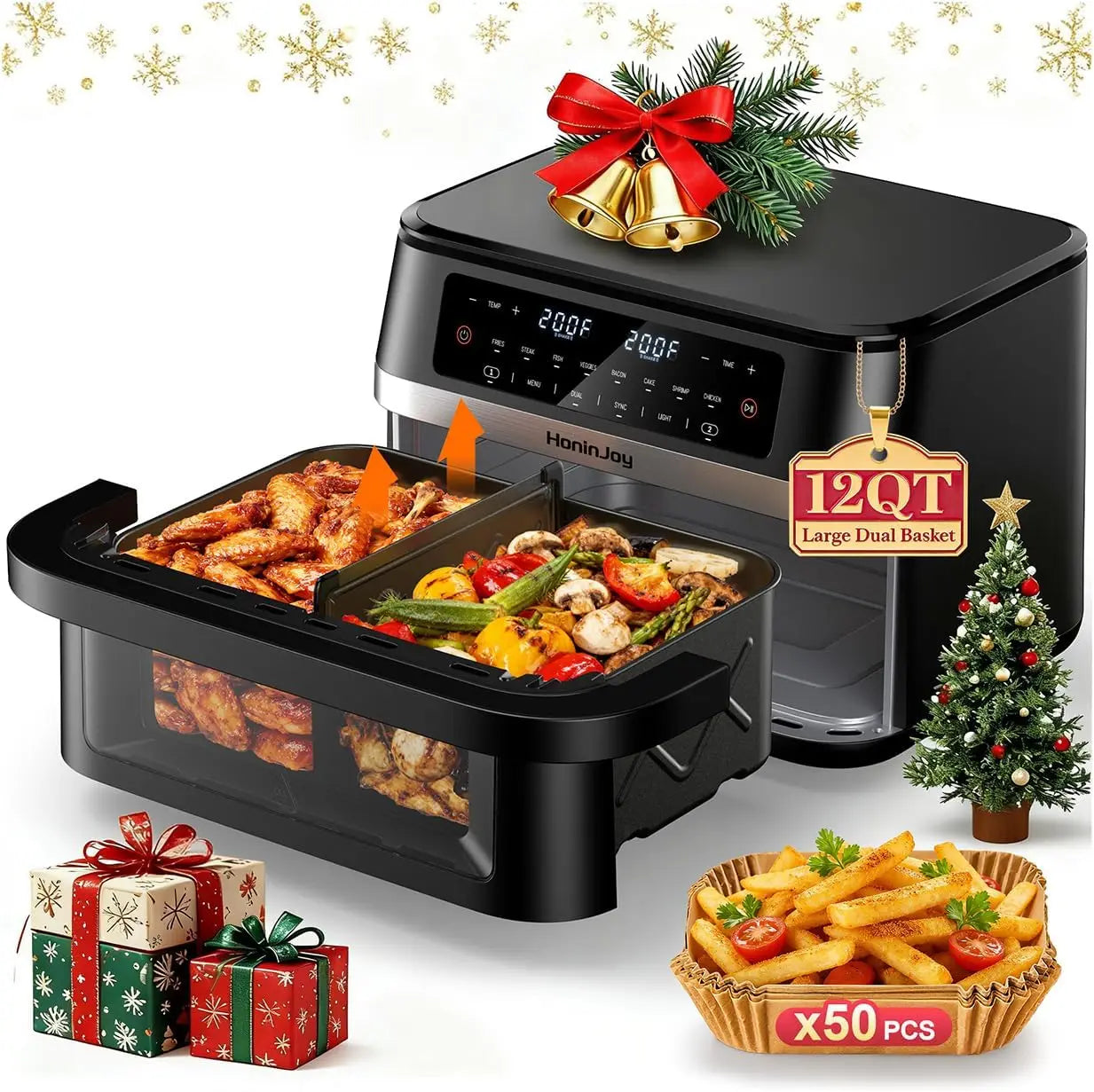 12QT Dual Basket Air Fryer with Flex Design, Viewing Window & 50PCS Liners, 12-in-1 Family Size, Sync & Dual Cooking, Dishwasher Safe