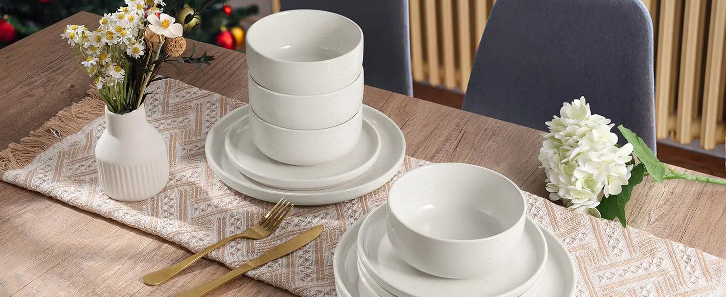 Stoneware Dinnerware Sets, 12-Piece Plates and Bowls Set for 4, Dishes Set for Home Restaurant, Speckled Milky White