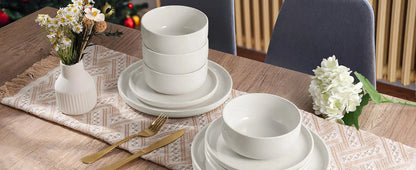 Stoneware Dinnerware Sets, 12-Piece Plates and Bowls Set for 4, Dishes Set for Home Restaurant, Speckled Milky White