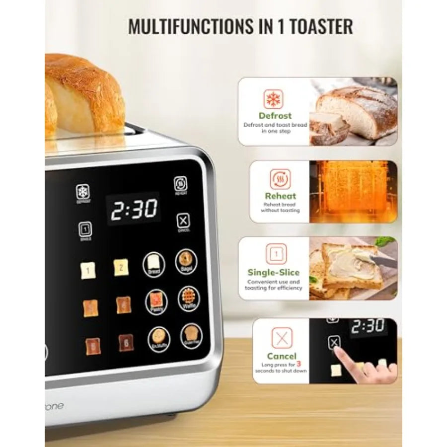 4-Slice Digital Smart Toaster with TouchScreen Dual Control Panel Single Slot Toasting Timer Reheat Defrost for Bagels Bread Wa