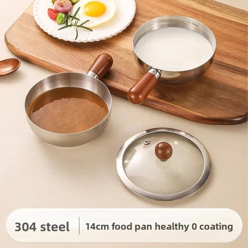 14cm Mini Pot for Camping Dorm Kitchen Stainless Steel Saucepan with Wood Handle, Portable Cookware New