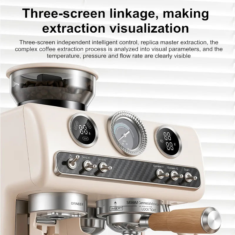 Semi-Automatic Espresso Coffee Machine, Dual Pump Cold & Hot Brew, Built-in Grinder, High Pressure 20 Bar, Compact Home Espresso